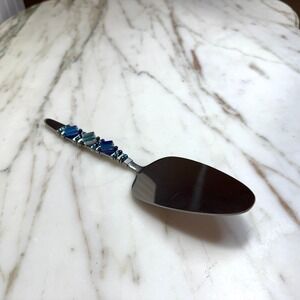 Vintage Beaded Cake Server Stainless Steel Dessert Pie Server Blue Glass
